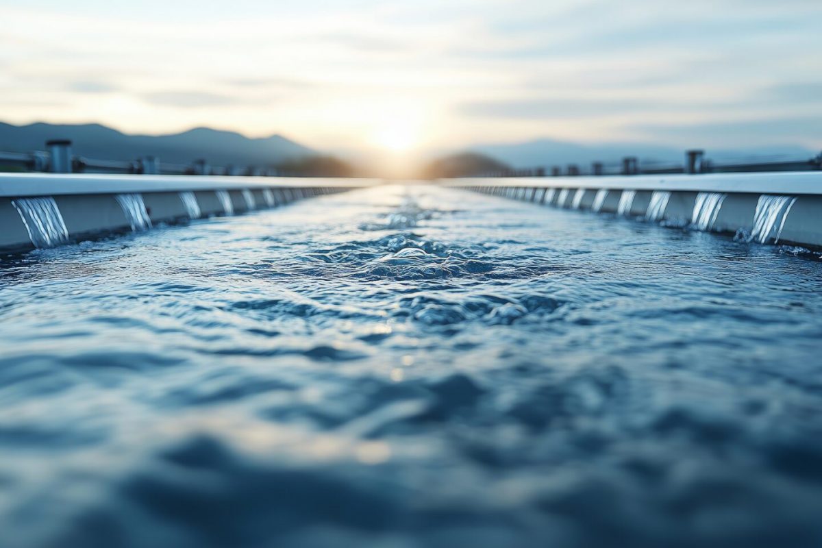 Constructed canal or water way to the water treatment facility, or reservoir. Water management concept image.